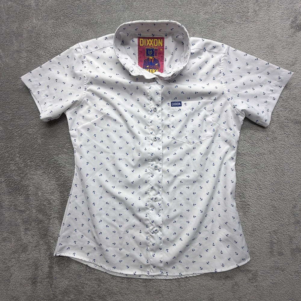 Dixxon Shirt Womens M White Anchor Print Avery Short Sleeve Button Up Stretch